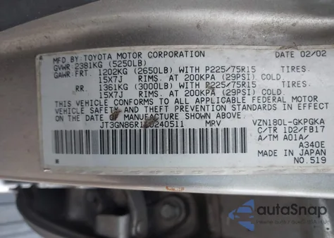 2002 Toyota 4Runner Sr5 V6 z USA, uszkodzony, nr VIN JT3GN86R120240511